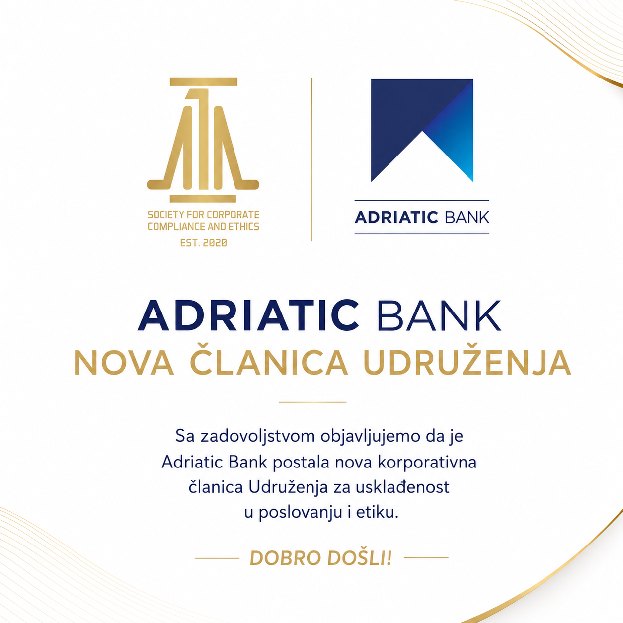 Adriatic Bank AD Podgorica nova korporativna članica Udruženja za usklađenost u poslovanju i etiku